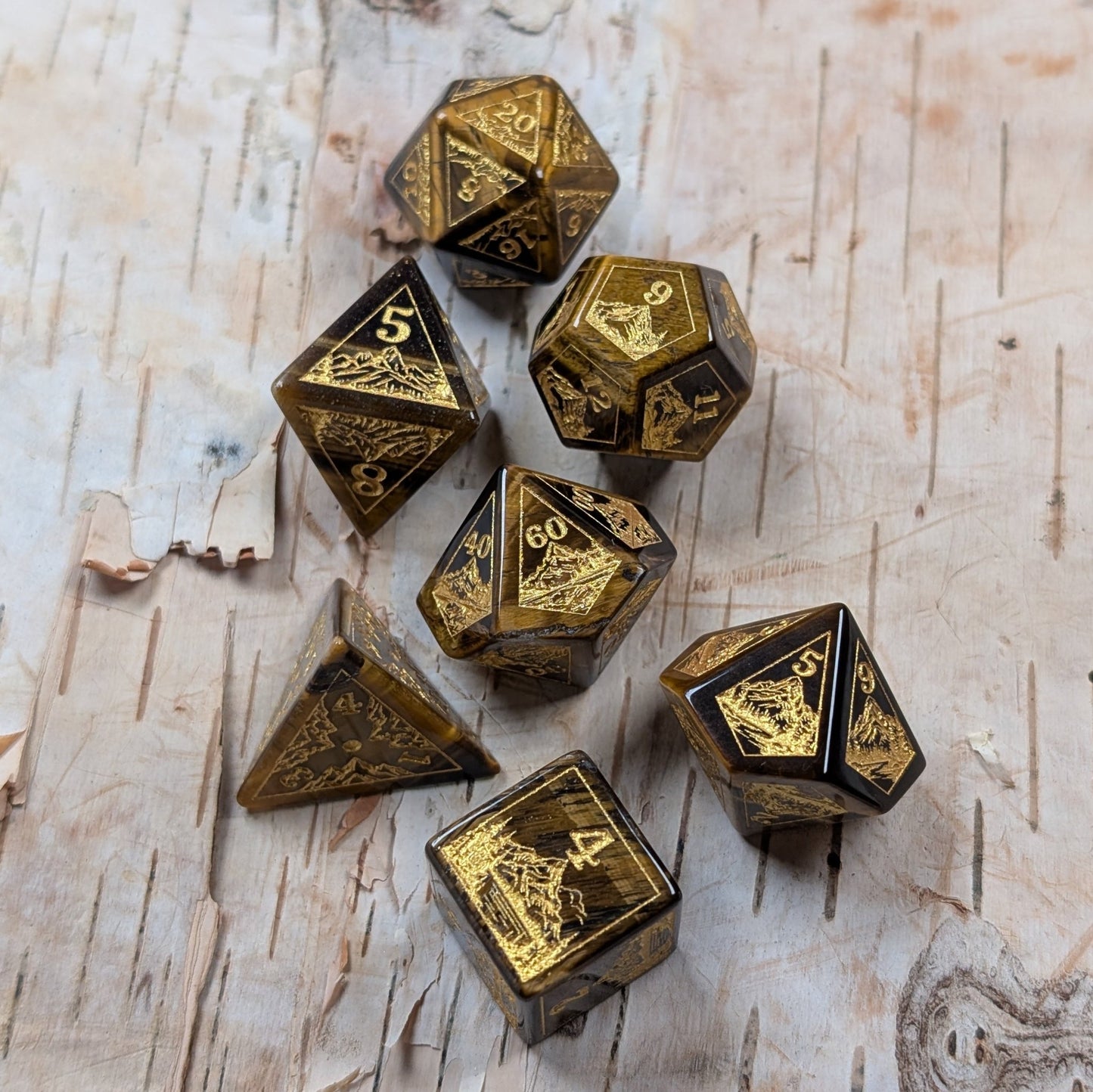 Everwild Tiger Eye Gemstone Dice – Forest & Mountain Etched 7 - Piece Set | Fennek & Finch - Fennek and Finch