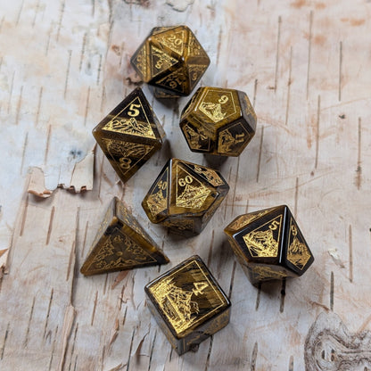 Everwild Tiger Eye Gemstone Dice – Forest & Mountain Etched 7 - Piece Set | Fennek & Finch - Fennek and Finch