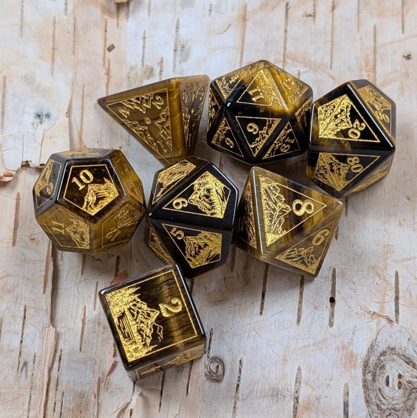 Everwild Tiger Eye Gemstone Dice – Forest & Mountain Etched 7 - Piece Set | Fennek & Finch - Fennek and Finch