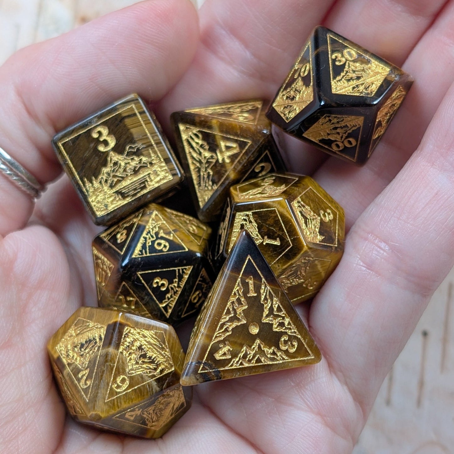 Everwild Tiger Eye Gemstone Dice – Forest & Mountain Etched 7 - Piece Set | Fennek & Finch - Fennek and Finch
