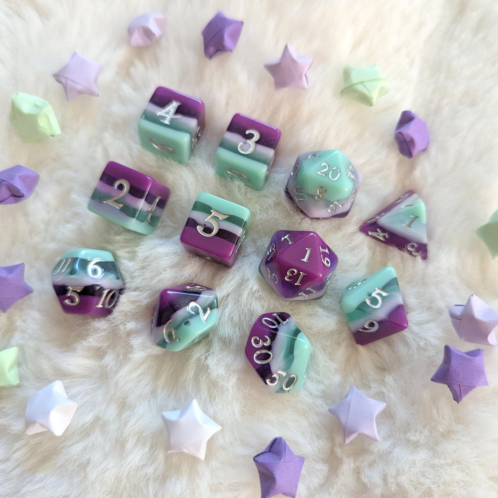Fae Dragon Dice Set – 7 and 11-Piece Purple Teal Shimmer DnD Dice | Fennek & Finch Dice Sets & Games Fennek and Finch 11 Piece Set