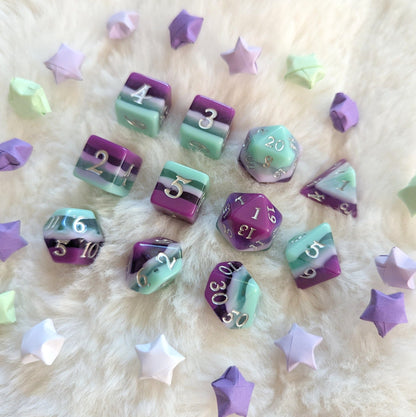 Fae Dragon Dice Set – 7 and 11 - Piece Purple Teal Shimmer DnD Dice | Fennek & Finch - Fennek and Finch