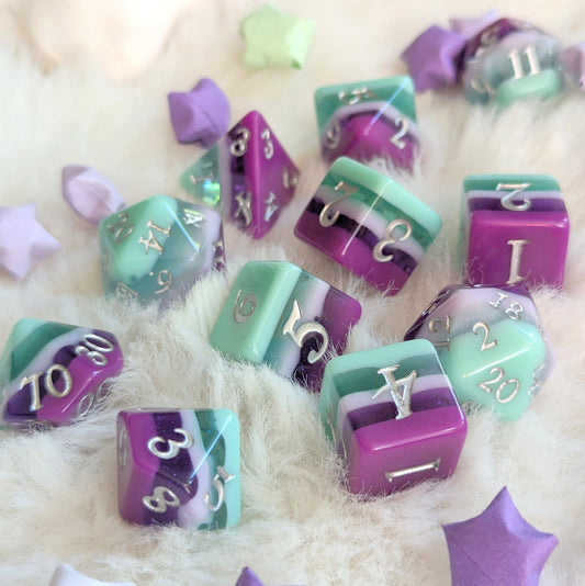 Fae Dragon Dice Set – 7 and 11 - Piece Purple Teal Shimmer DnD Dice | Fennek & Finch - Fennek and Finch