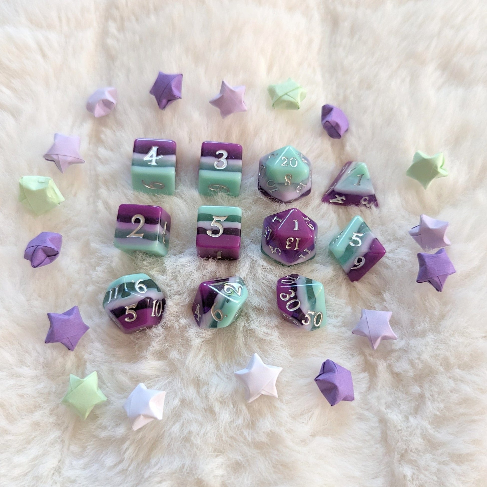Fae Dragon Dice Set – 7 and 11 - Piece Purple Teal Shimmer DnD Dice | Fennek & Finch - Fennek and Finch