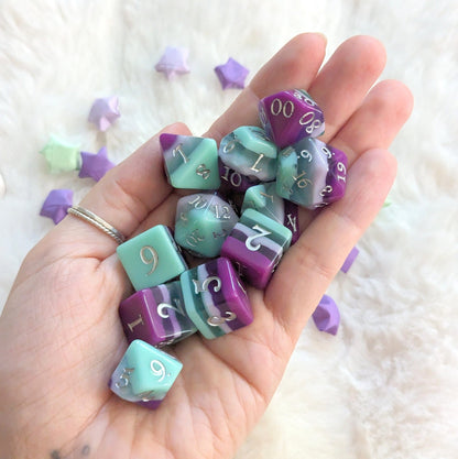 Fae Dragon Dice Set – 7 and 11 - Piece Purple Teal Shimmer DnD Dice | Fennek & Finch - Fennek and Finch