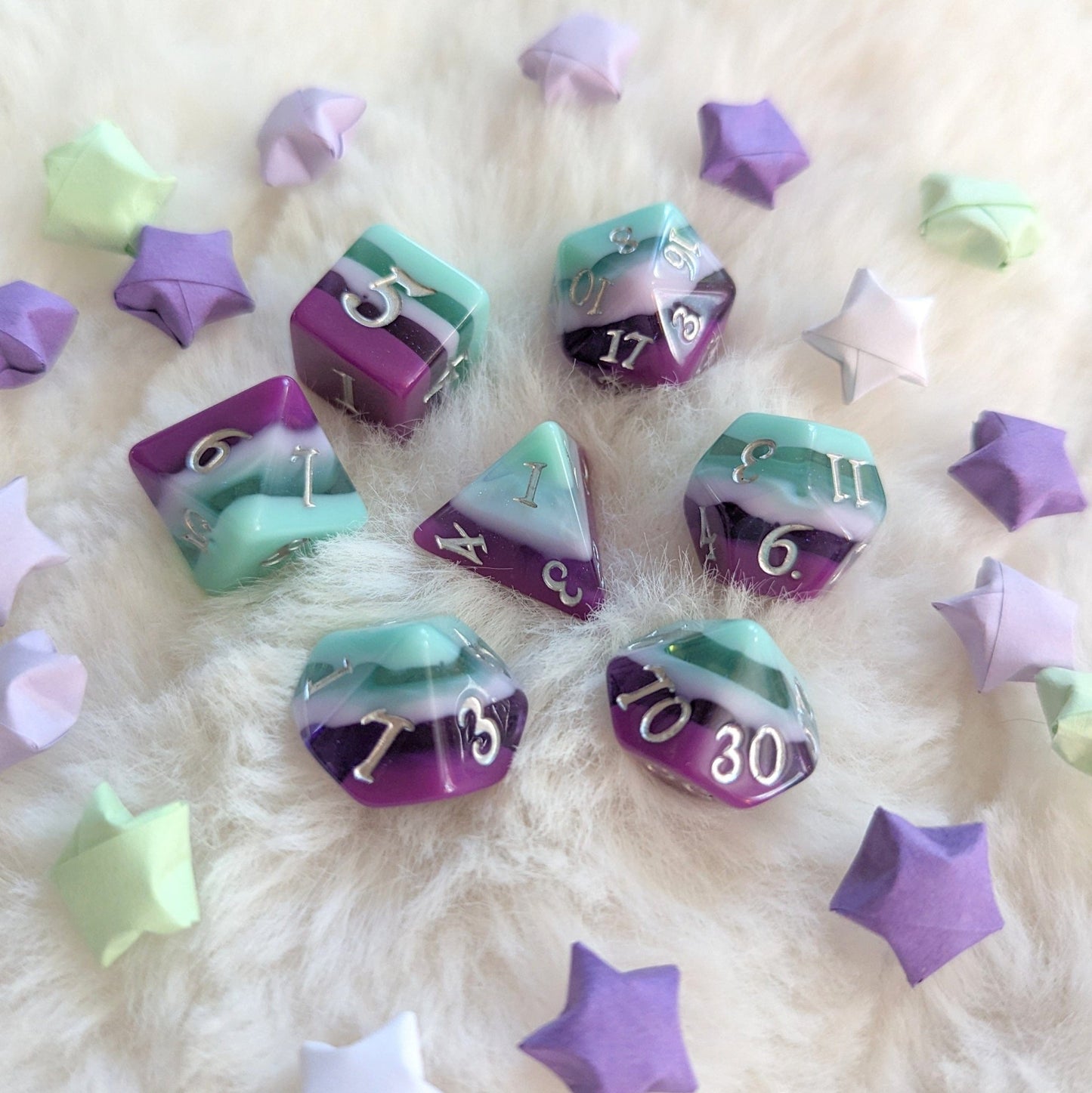 Fae Dragon Dice Set – 7 and 11 - Piece Purple Teal Shimmer DnD Dice | Fennek & Finch - Fennek and Finch