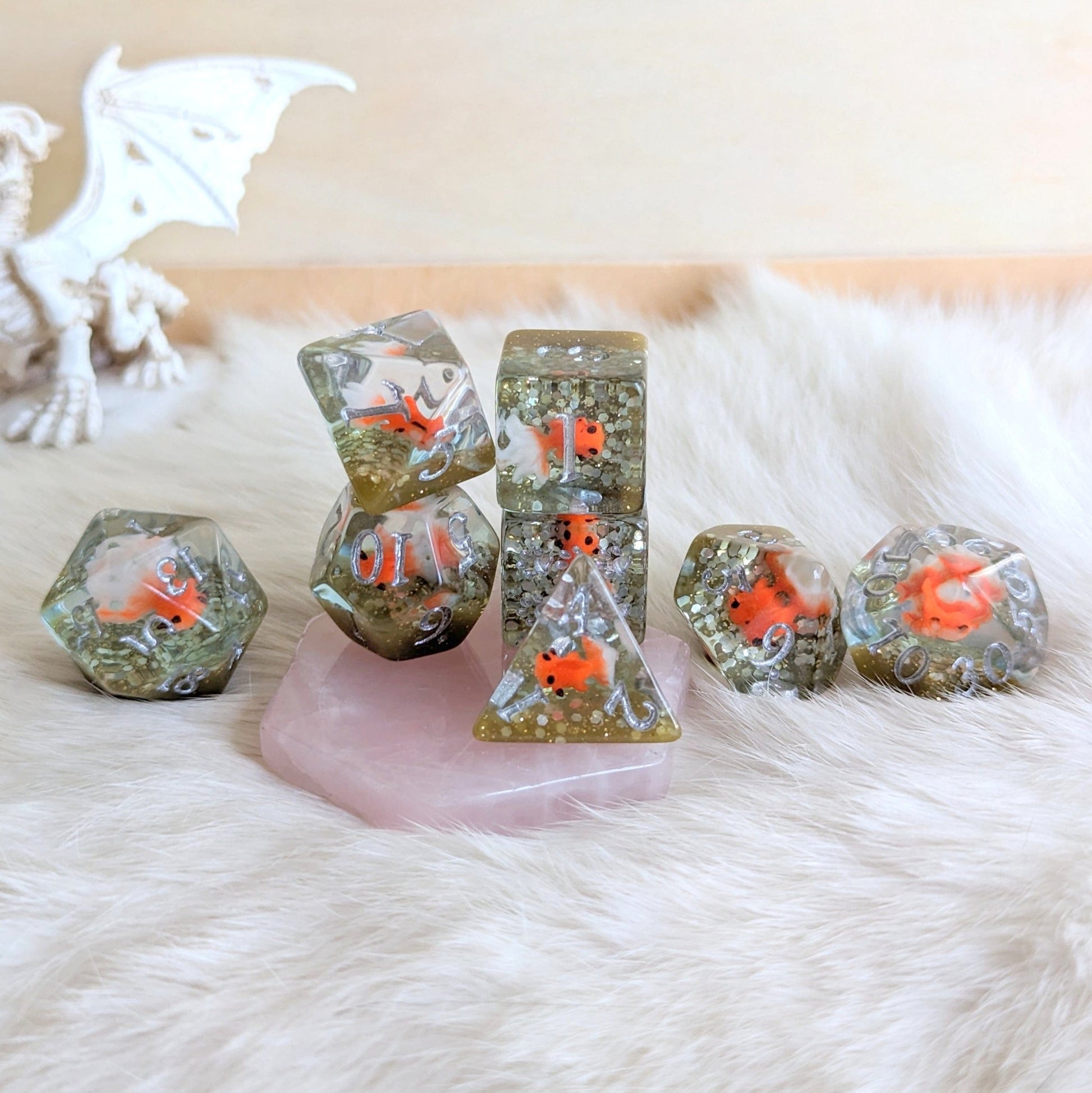 Fancy Goldfish Dirty Pond Dice Set – 8 or 12 - Piece Resin DnD Dice with Mini Fish | Fennek & Finch - Fennek and Finch