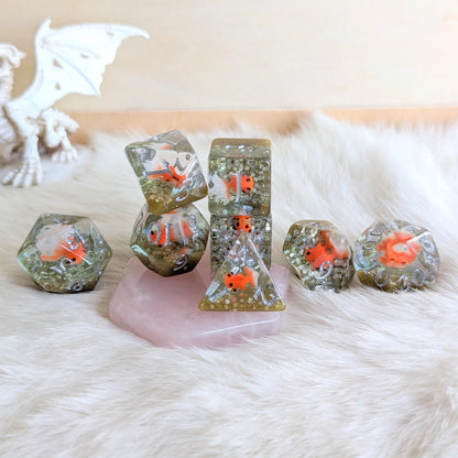 Fancy Goldfish Dirty Pond Dice Set – 8 or 12 - Piece Resin DnD Dice with Mini Fish | Fennek & Finch - Fennek and Finch