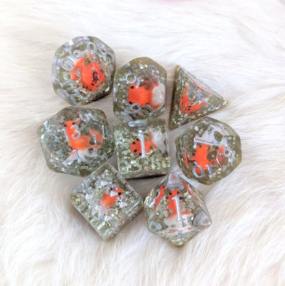 Fancy Goldfish Dirty Pond Dice Set – 8 or 12 - Piece Resin DnD Dice with Mini Fish | Fennek & Finch - Fennek and Finch