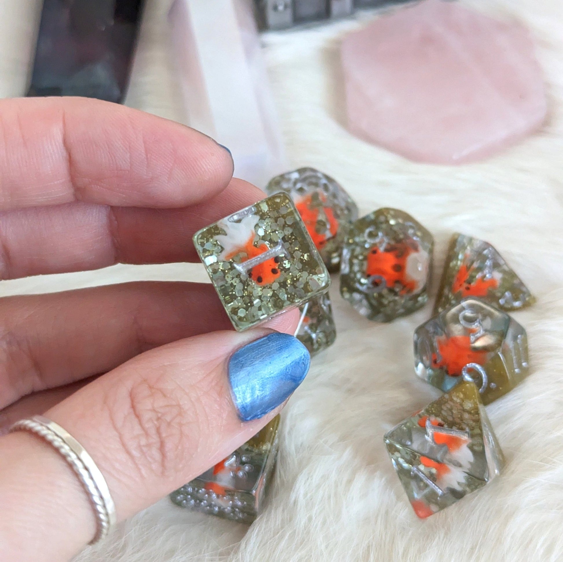 Fancy Goldfish Dirty Pond Dice Set – 8 or 12 - Piece Resin DnD Dice with Mini Fish | Fennek & Finch - Fennek and Finch