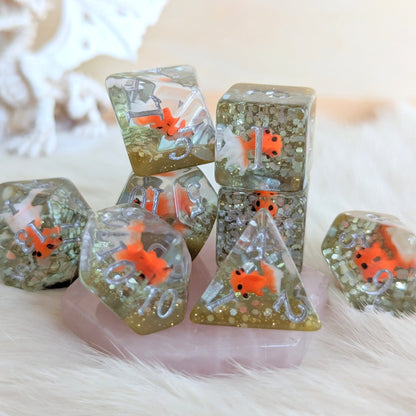Fancy Goldfish Dirty Pond Dice Set – 8 or 12 - Piece Resin DnD Dice with Mini Fish | Fennek & Finch - Fennek and Finch