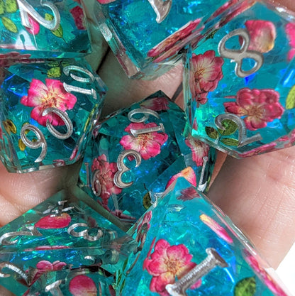 Floating Blossoms Dice Set – 8-Piece Blue Pink Floral DnD Dice with Crystal D4 | Fennek & Finch Dice Sets & Games Fennek and Finch