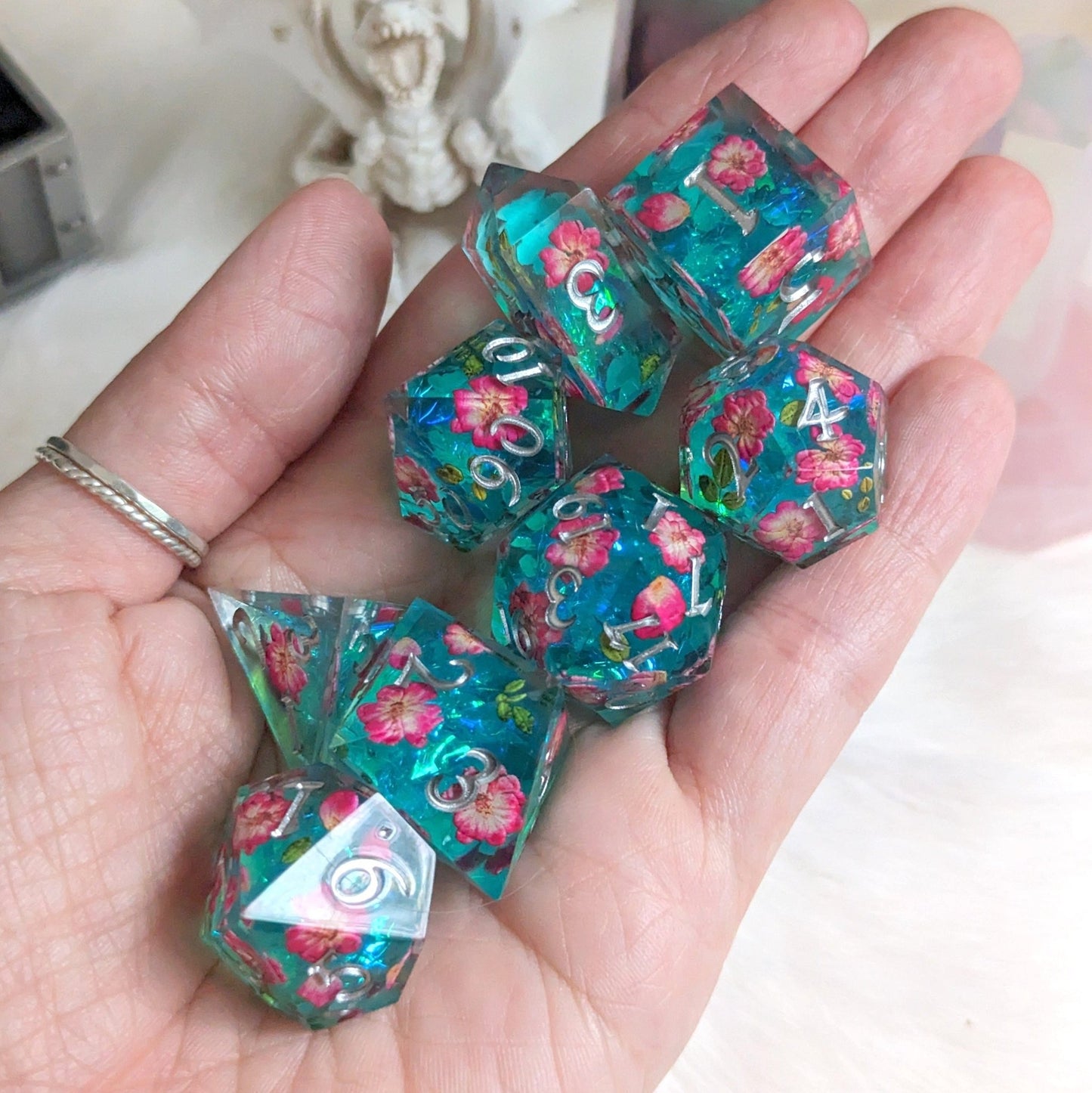 Floating Blossoms Dice Set – 8-Piece Blue Pink Floral DnD Dice with Crystal D4 | Fennek & Finch Dice Sets & Games Fennek and Finch