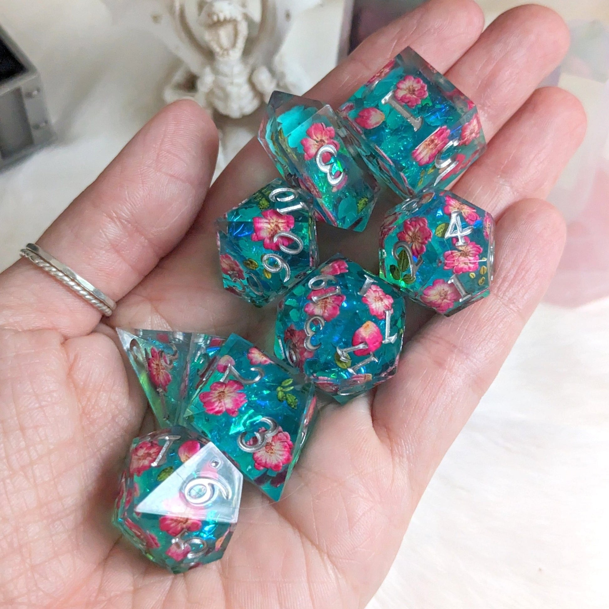 Floating Blossoms Dice Set – 8-Piece Blue Pink Floral DnD Dice with Crystal D4 | Fennek & Finch Dice Sets & Games Fennek and Finch