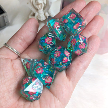 Floating Blossoms Dice Set – 8-Piece Blue Pink Floral DnD Dice with Crystal D4 | Fennek & Finch Dice Sets & Games Fennek and Finch
