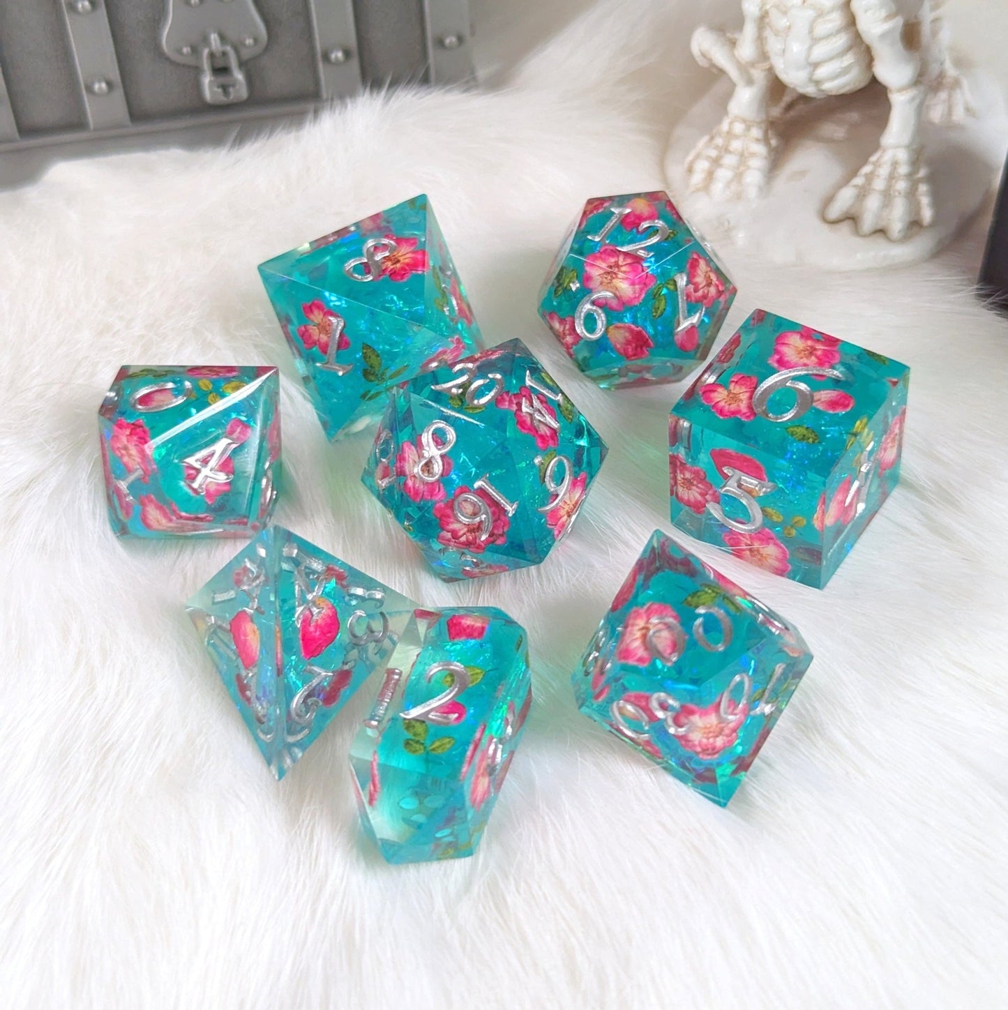 Floating Blossoms Dice Set – 8-Piece Blue Pink Floral DnD Dice with Crystal D4 | Fennek & Finch Dice Sets & Games Fennek and Finch