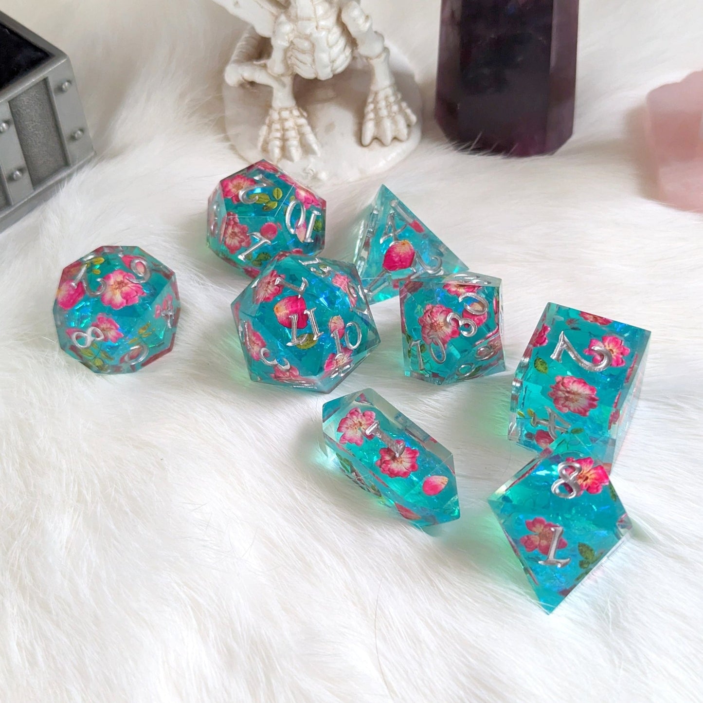 Floating Blossoms Dice Set – 8-Piece Blue Pink Floral DnD Dice with Crystal D4 | Fennek & Finch Dice Sets & Games Fennek and Finch