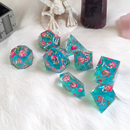 Floating Blossoms Dice Set – 8-Piece Blue Pink Floral DnD Dice with Crystal D4 | Fennek & Finch Dice Sets & Games Fennek and Finch