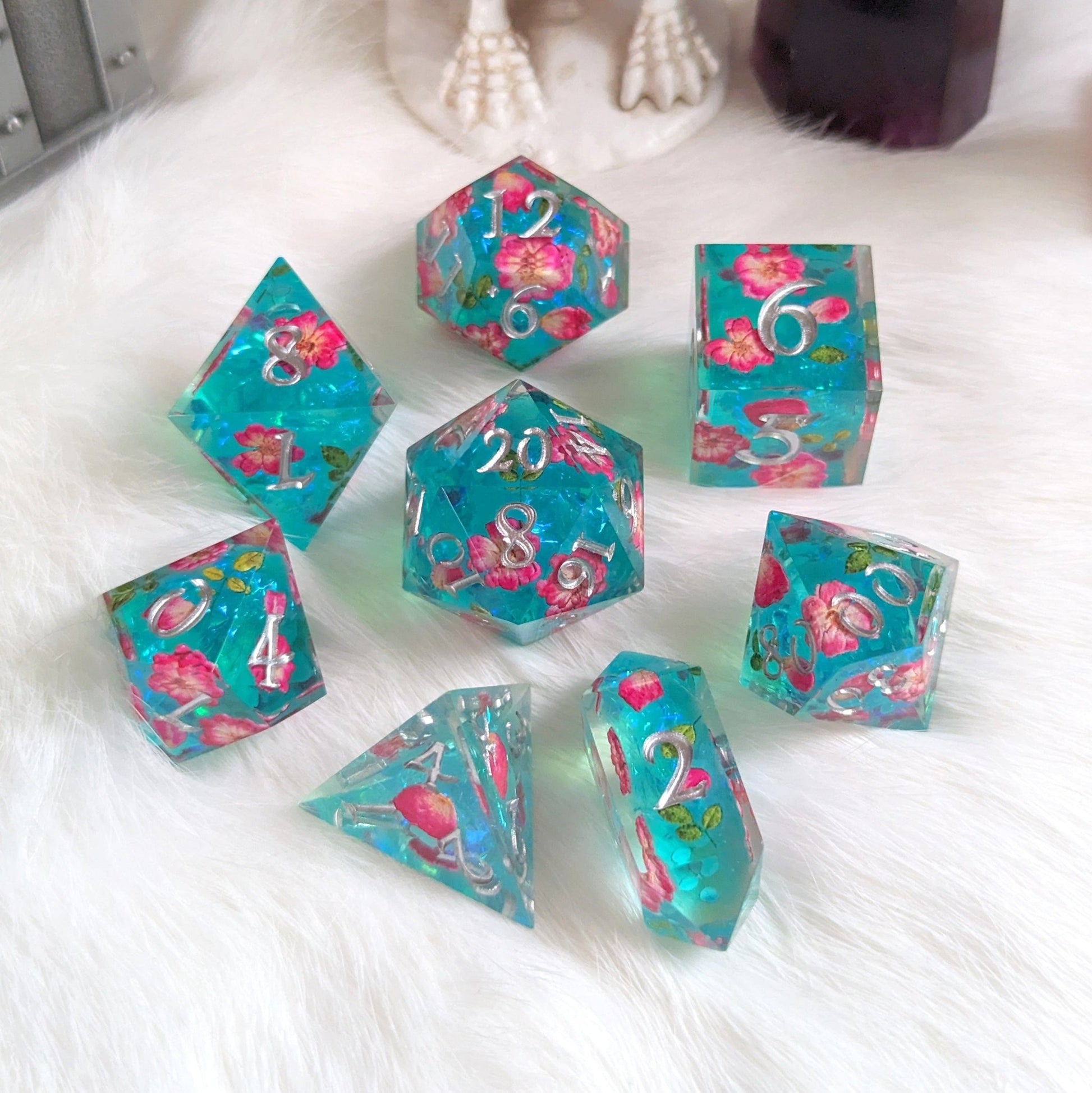 Floating Blossoms Dice Set – 8-Piece Blue Pink Floral DnD Dice with Crystal D4 | Fennek & Finch Dice Sets & Games Fennek and Finch