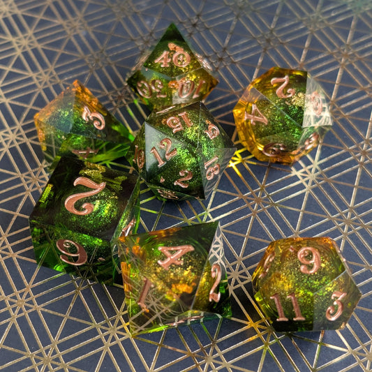 Forest Liquid Core Dice Set – 7pc Sharp Edge with Crystal D4 - Fennek and Finch