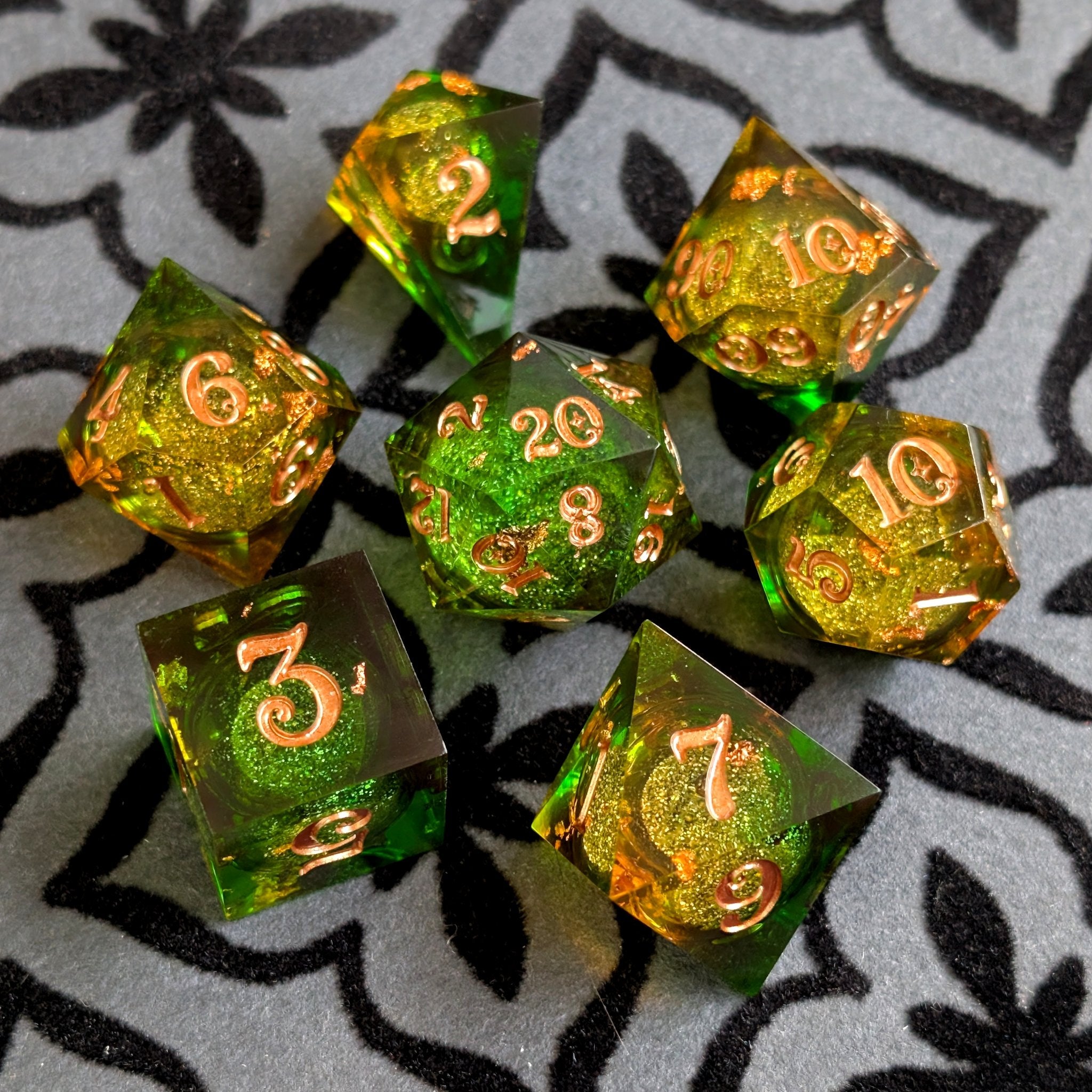 Forest Liquid Core Dice Set | Brown Green Sharp Edge Dice | Fennek