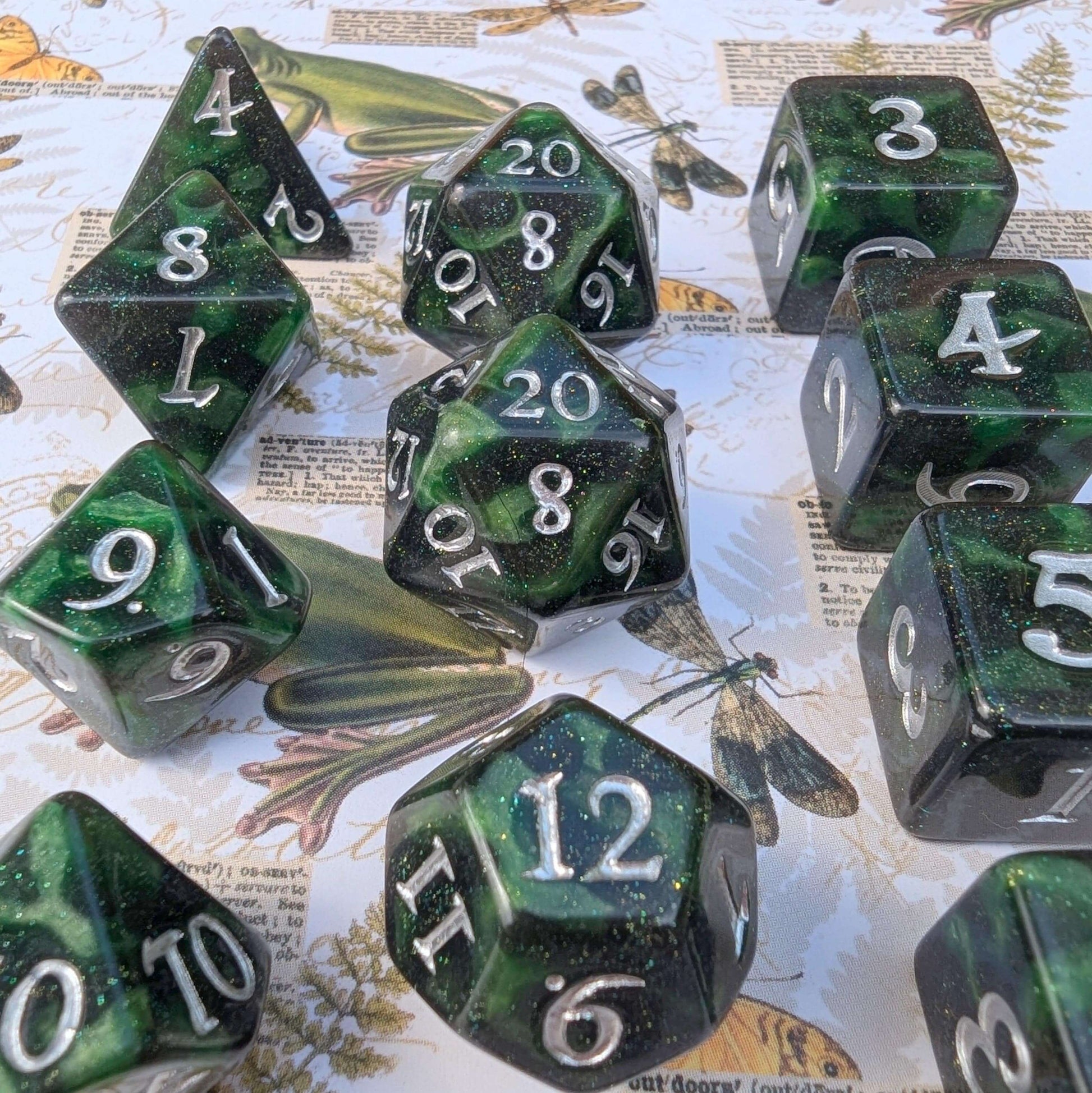 Forest Swamp Dice Set. 7 and 11 pcs, Counter Dice, and Spin Down D20 Life Counter. TTRPG Dice