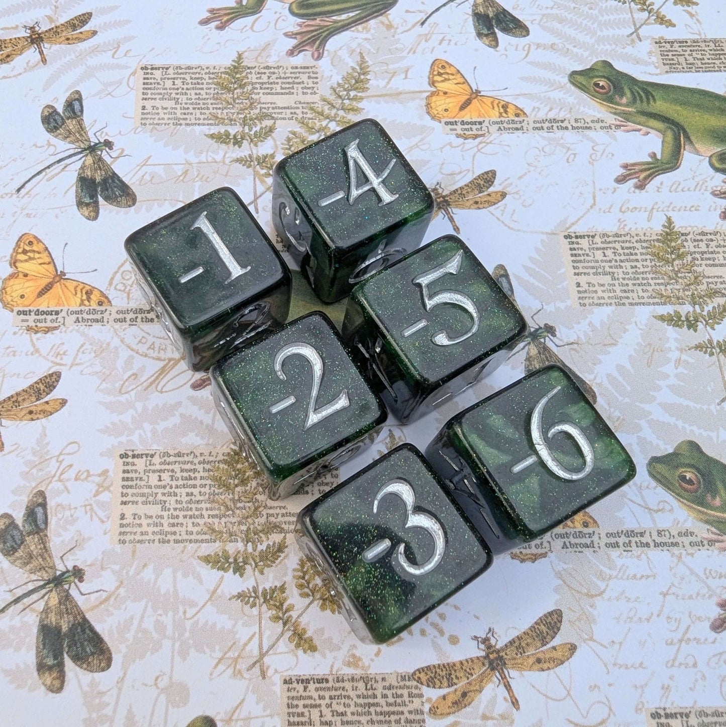 Forest Swamp Dice Set. 7 and 11 pcs, Counter Dice, and Spin Down D20 Life Counter. TTRPG Dice 6 Negative Counter D6