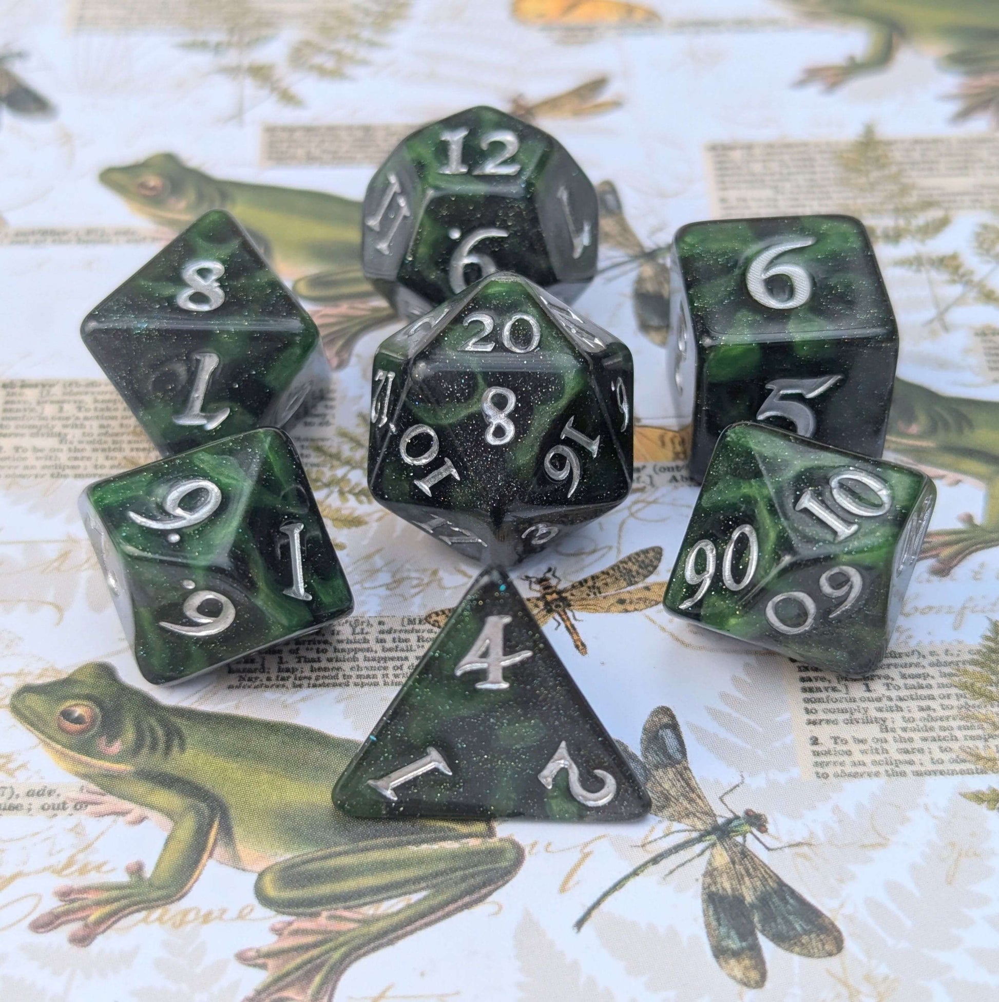 Forest Swamp Dice Set. 7 and 11 pcs, Counter Dice, and Spin Down D20 Life Counter. TTRPG Dice 7 Piece Set