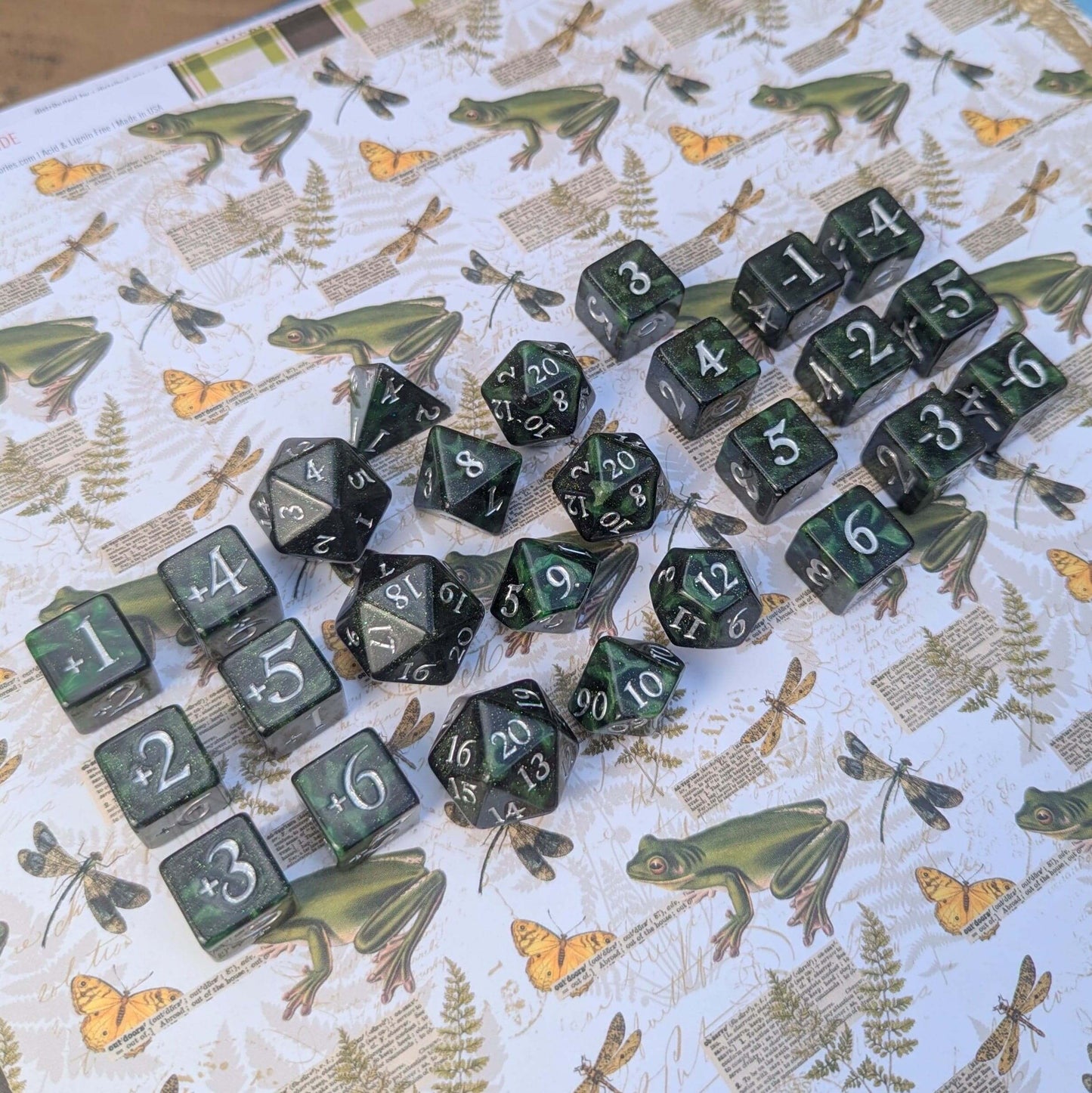 Forest Swamp Dice Set. 7 and 11 pcs, Counter Dice, and Spin Down D20 Life Counter. TTRPG Dice