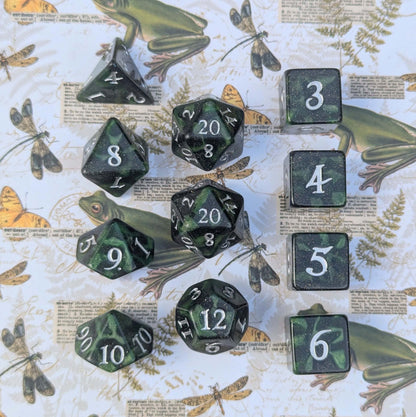 Forest Swamp Dice Set. 7 and 11 pcs, Counter Dice, and Spin Down D20 Life Counter. TTRPG Dice 11 Piece Set