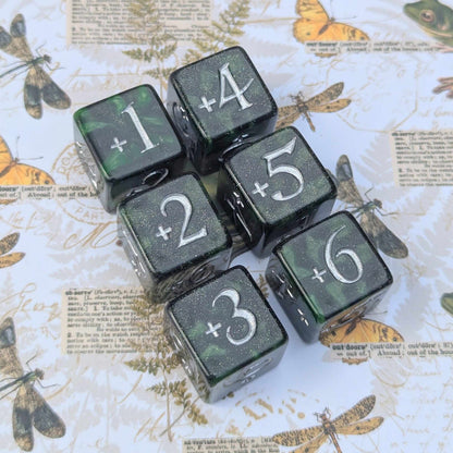 Forest Swamp Dice Set. 7 and 11 pcs, Counter Dice, and Spin Down D20 Life Counter. TTRPG Dice 6 Positive Counter D6