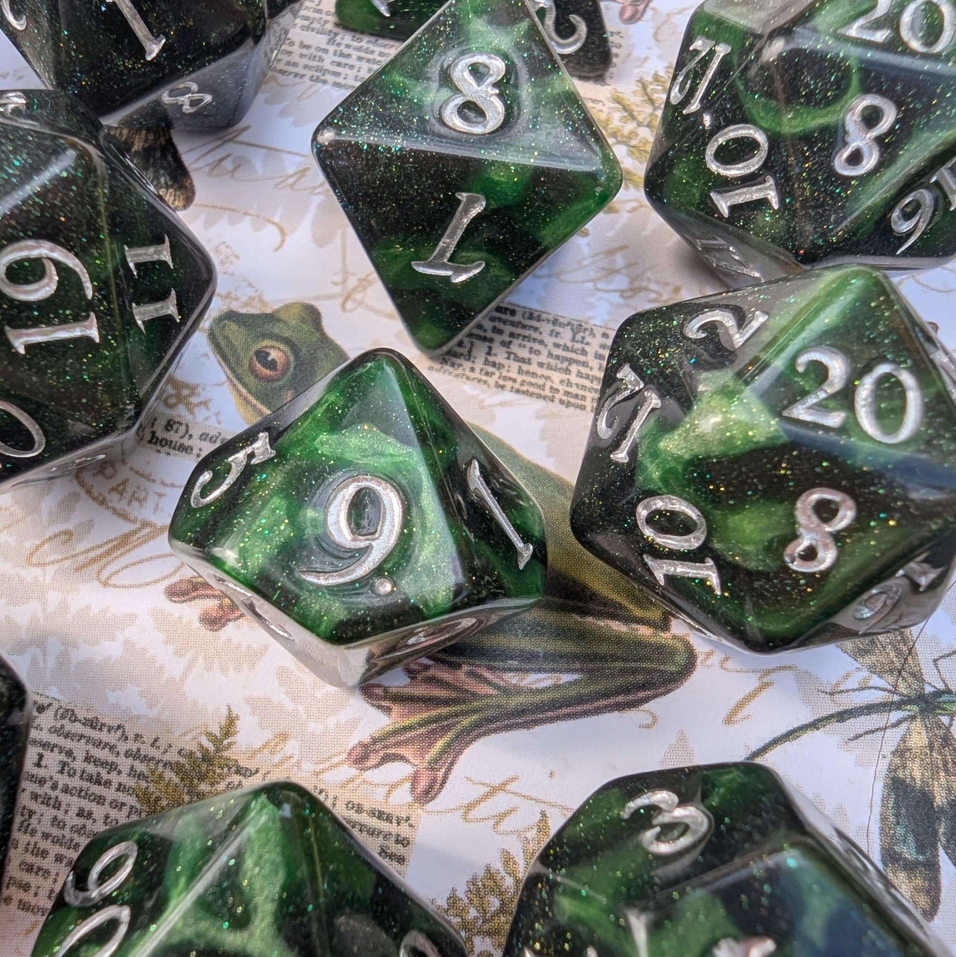 Forest Swamp Dice Set. 7 and 11 pcs, Counter Dice, and Spin Down D20 Life Counter. TTRPG Dice