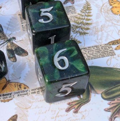 Forest Swamp Dice Set. 7 and 11 pcs, Counter Dice, and Spin Down D20 Life Counter. TTRPG Dice