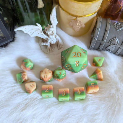 Forest's Heart Dice Set – 11 - Piece Matte Green Brown Ombre DnD Dice | Fennek & Finch - Fennek and Finch