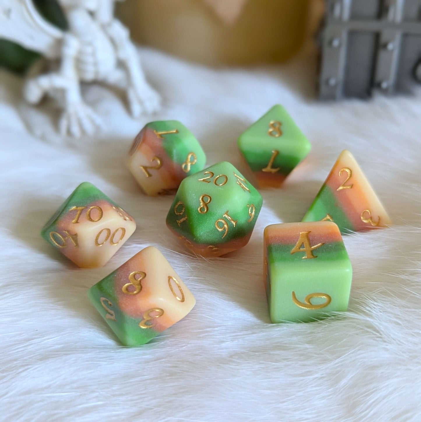 Forest's Heart Dice Set – 11 - Piece Matte Green Brown Ombre DnD Dice | Fennek & Finch - Fennek and Finch