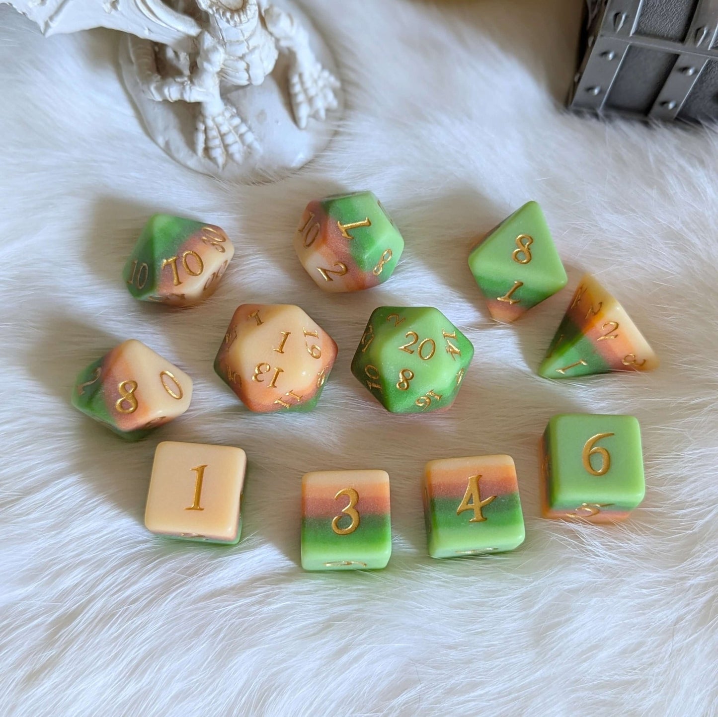 Forest's Heart Dice Set – 11 - Piece Matte Green Brown Ombre DnD Dice | Fennek & Finch - Fennek and Finch