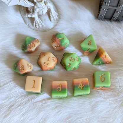 Forest's Heart Dice Set – 11 - Piece Matte Green Brown Ombre DnD Dice | Fennek & Finch - Fennek and Finch
