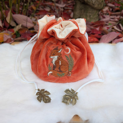 Fox Plush Dice Bag - Deep Red-Orange & Cream Drawstring Pouch with Embroidered Fox Fennek and Finch