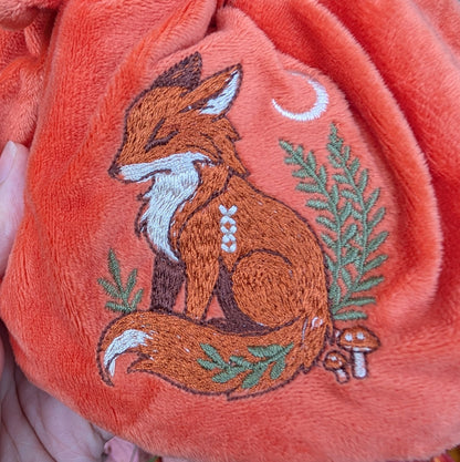 Fox Plush Dice Bag - Deep Red-Orange & Cream Drawstring Pouch with Embroidered Fox Fennek and Finch