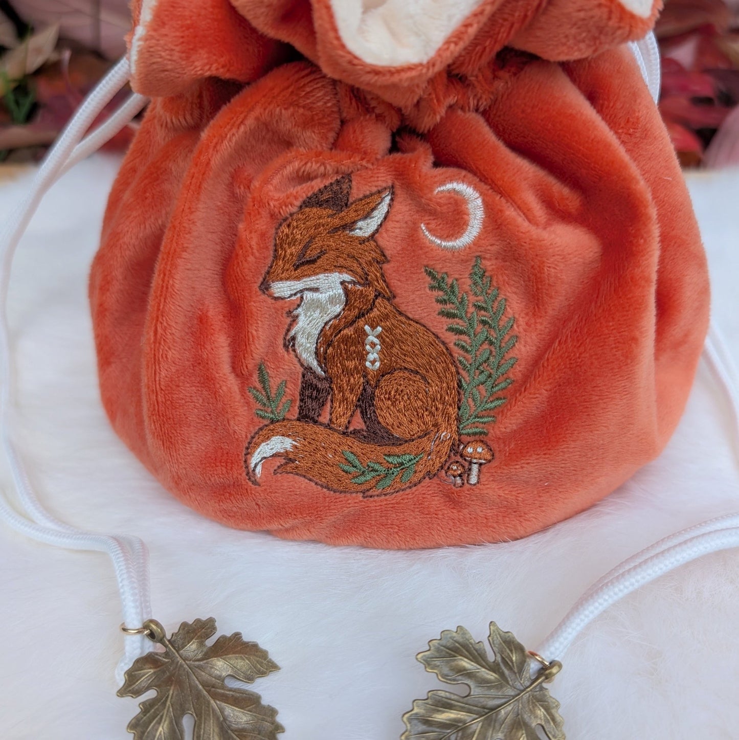 Fox Plush Dice Bag - Deep Red-Orange & Cream Drawstring Pouch with Embroidered Fox Fennek and Finch