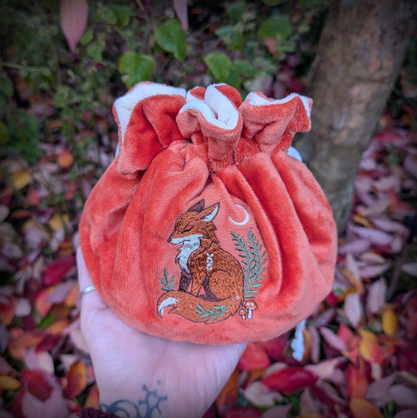 Fox Plush Dice Bag - Deep Red-Orange & Cream Drawstring Pouch with Embroidered Fox Fennek and Finch
