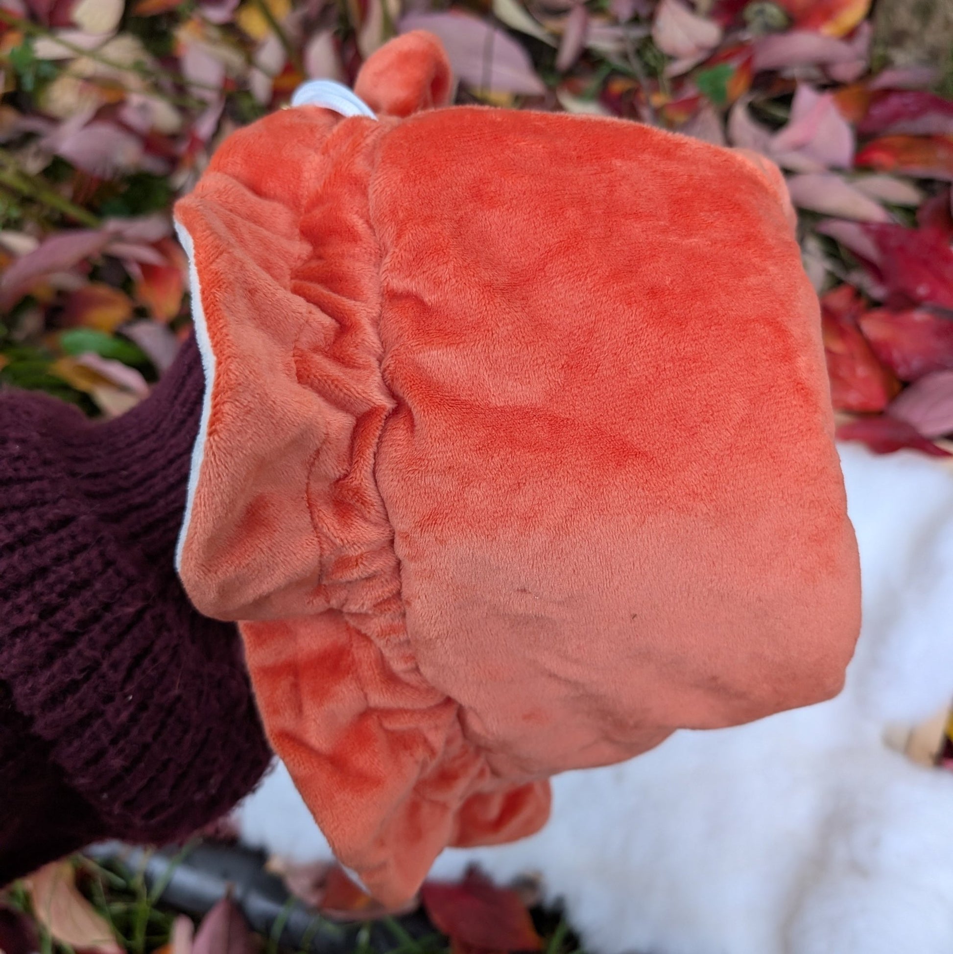 Fox Plush Dice Bag - Deep Red-Orange & Cream Drawstring Pouch with Embroidered Fox Fennek and Finch