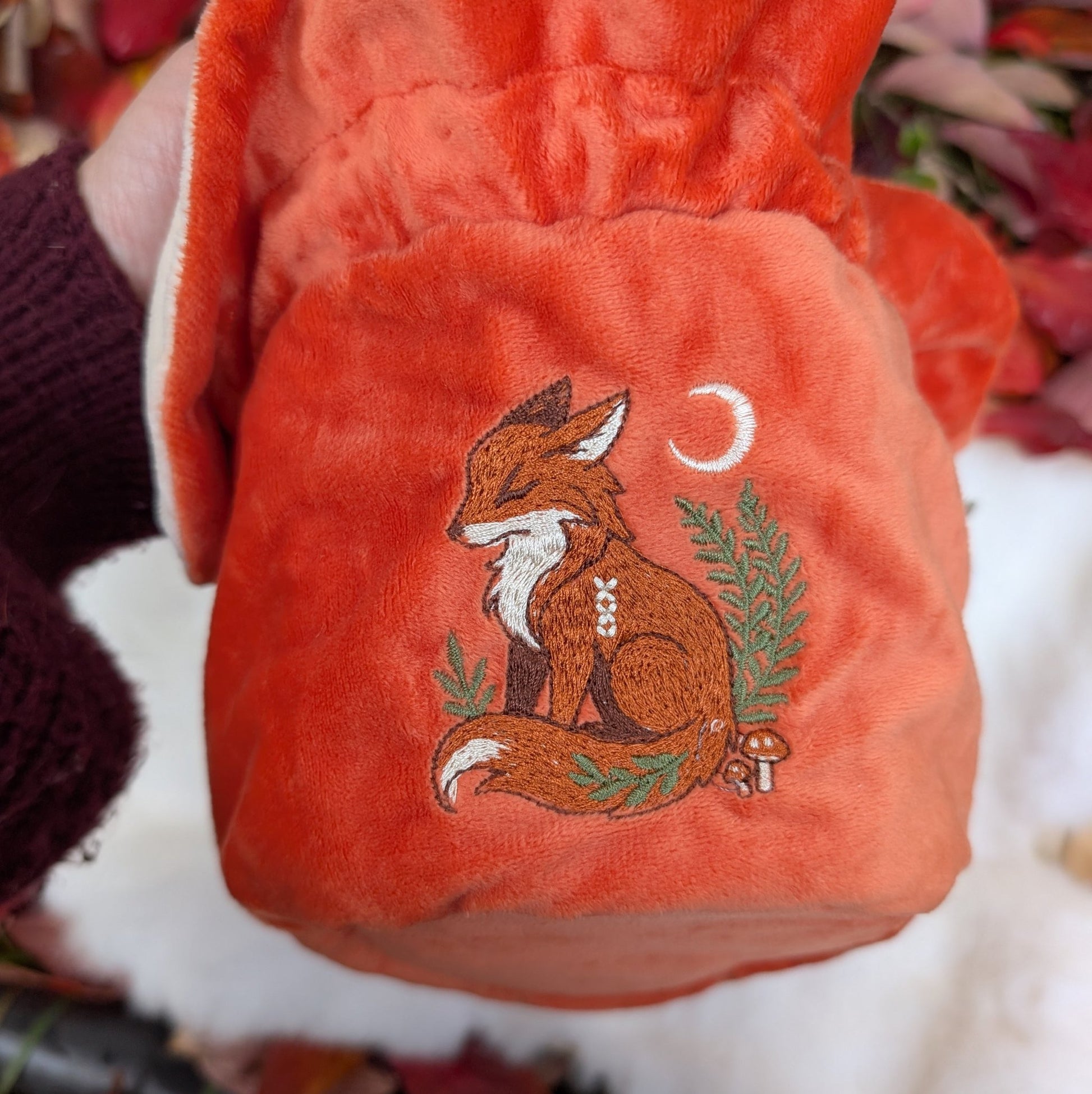 Fox Plush Dice Bag - Deep Red-Orange & Cream Drawstring Pouch with Embroidered Fox Fennek and Finch