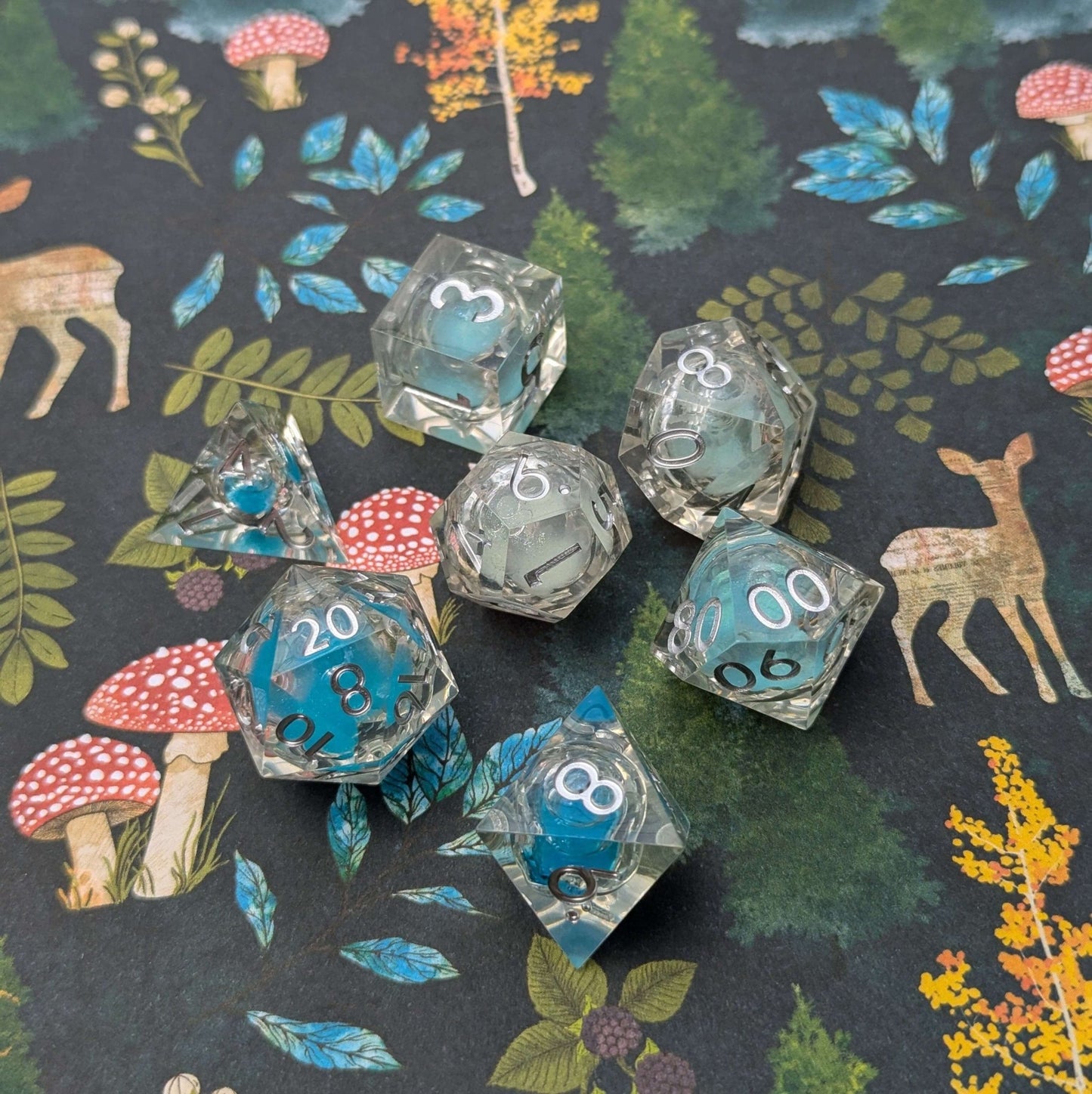 Frostbound Shimmer Liquid Core Dice Set – 7 - Piece Ice Blue DnD Dice - Fennek and Finch