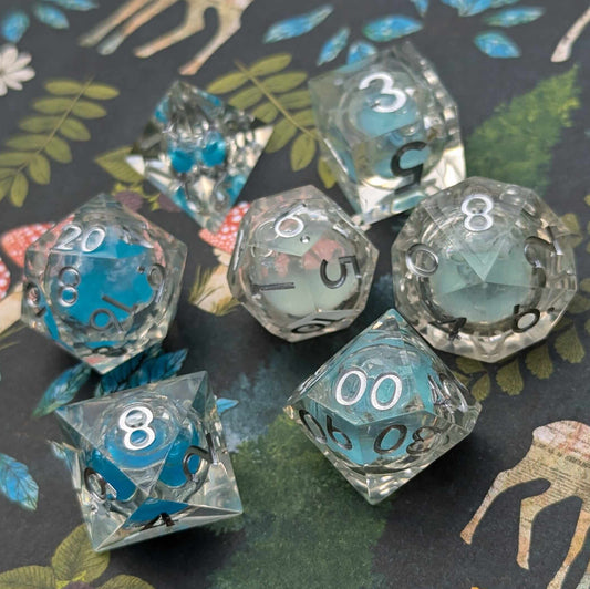 Frostbound Shimmer Liquid Core Dice Set – 7-Piece Ice Blue DnD Dice Dice Sets & Games Fennek and Finch