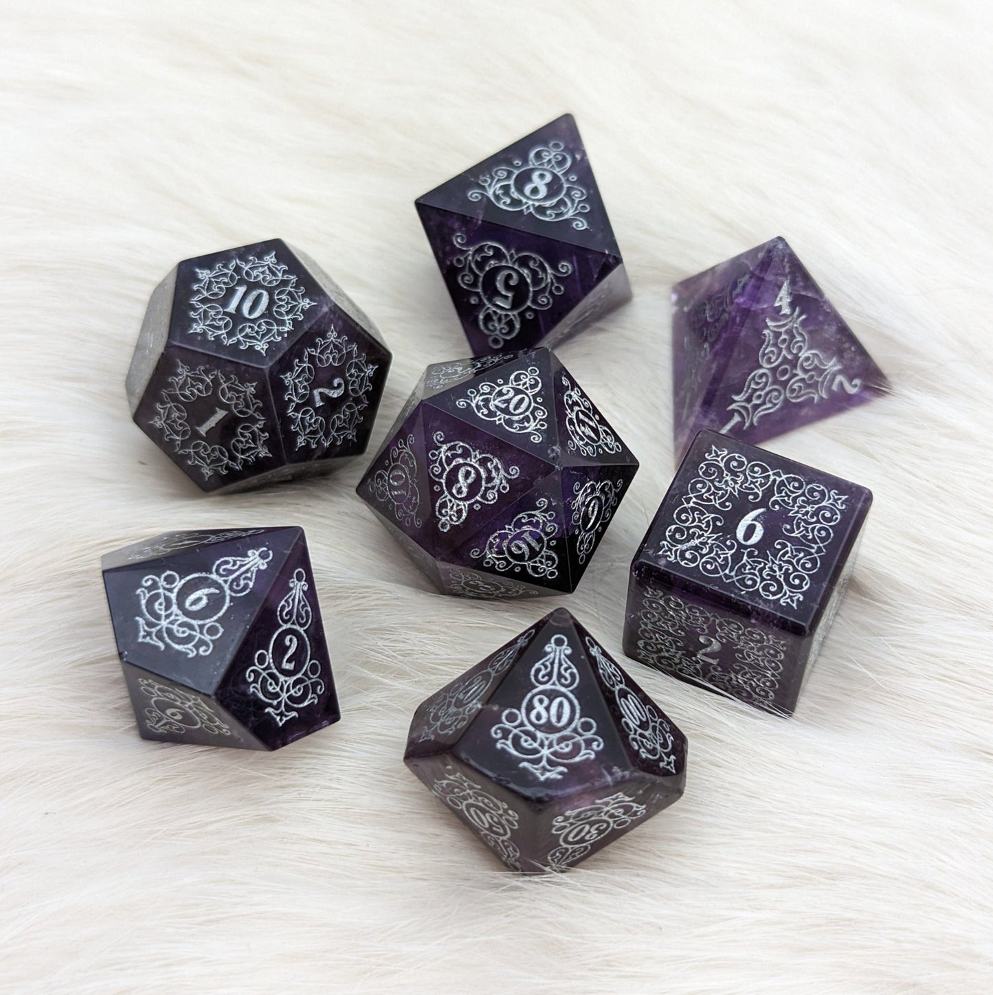 Garden Gate Amethyst Gemstone Dice Set – 7 - Piece DnD Dice | Fennek & Finch - Fennek and Finch