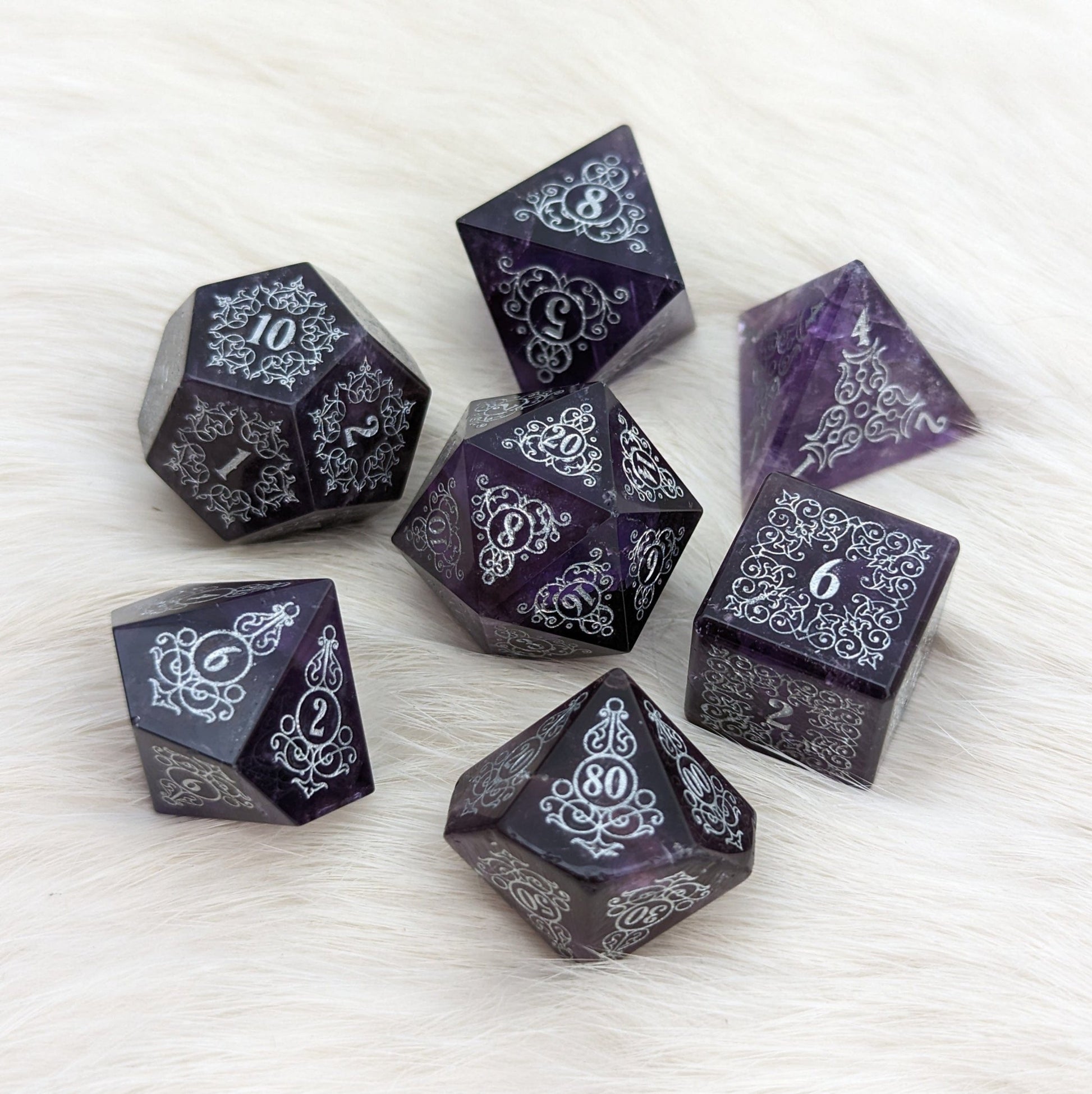 Garden Gate Amethyst Gemstone Dice Set – 7 - Piece DnD Dice | Fennek & Finch - Fennek and Finch