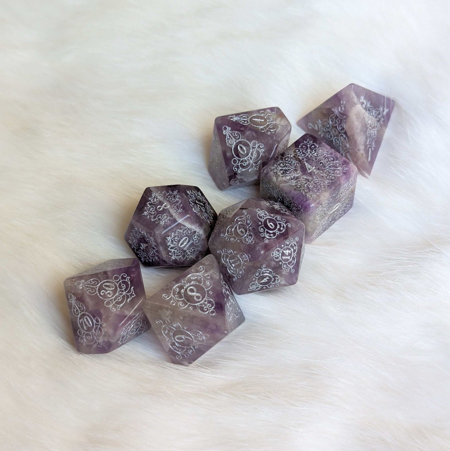 Garden Gate Amethyst Gemstone Dice Set – Engraved Floral Stone Dice | Fennek & Finch - Fennek and Finch