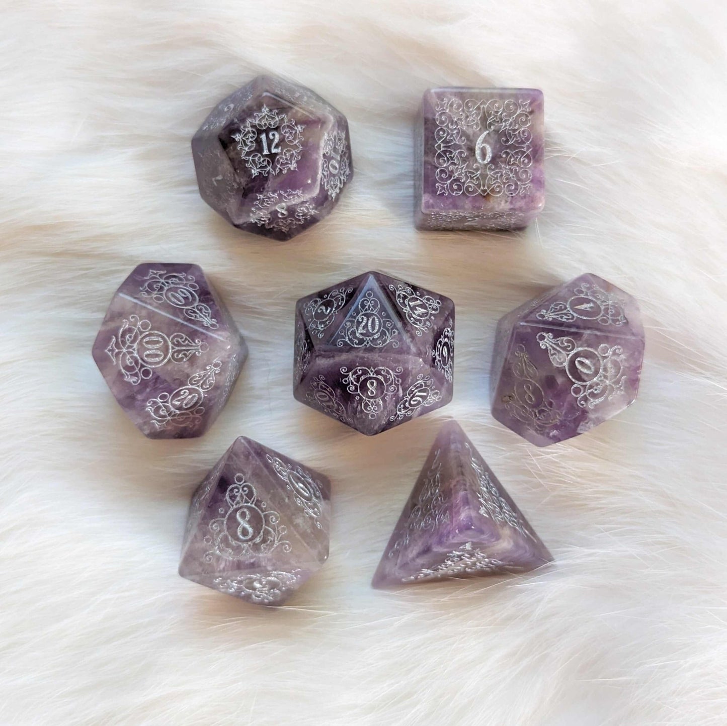 Garden Gate Amethyst Gemstone Dice Set – Engraved Floral Stone Dice | Fennek & Finch - Fennek and Finch