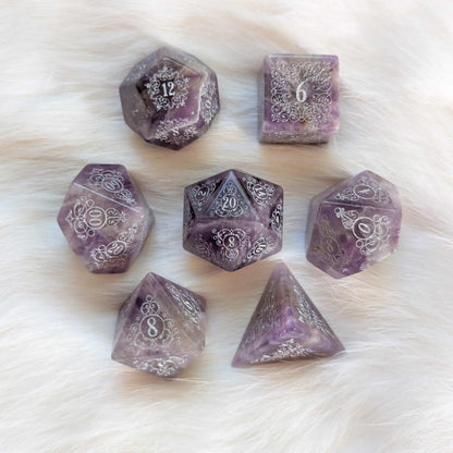 Garden Gate Amethyst Gemstone Dice Set – Engraved Floral Stone Dice | Fennek & Finch - Fennek and Finch